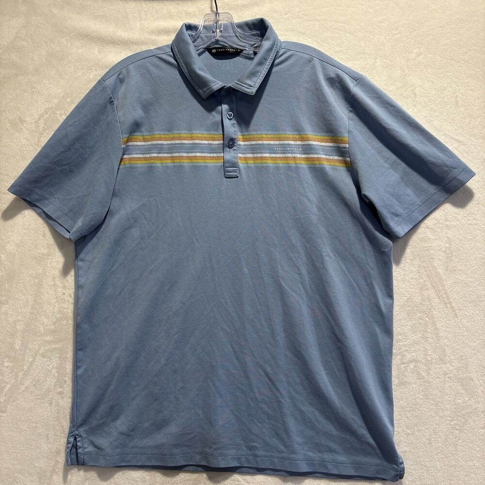 Travis Mathew Coral Beds Polo Shirt Men's Size XL Quiet Harbor Blue Stripe Golf